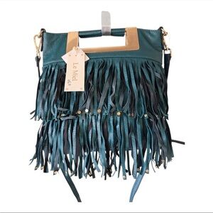 LA MIEL Teal Fringe Crossbody Bag with Gold Hardware
